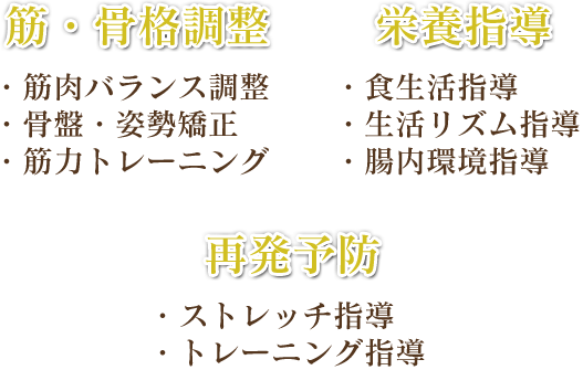 筋・骨格強制、栄養指導、再発予防